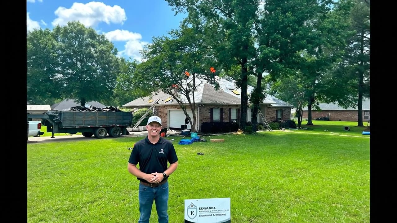 Cory Edwards in front of a Central Louisiana home as his crew replaces the roof